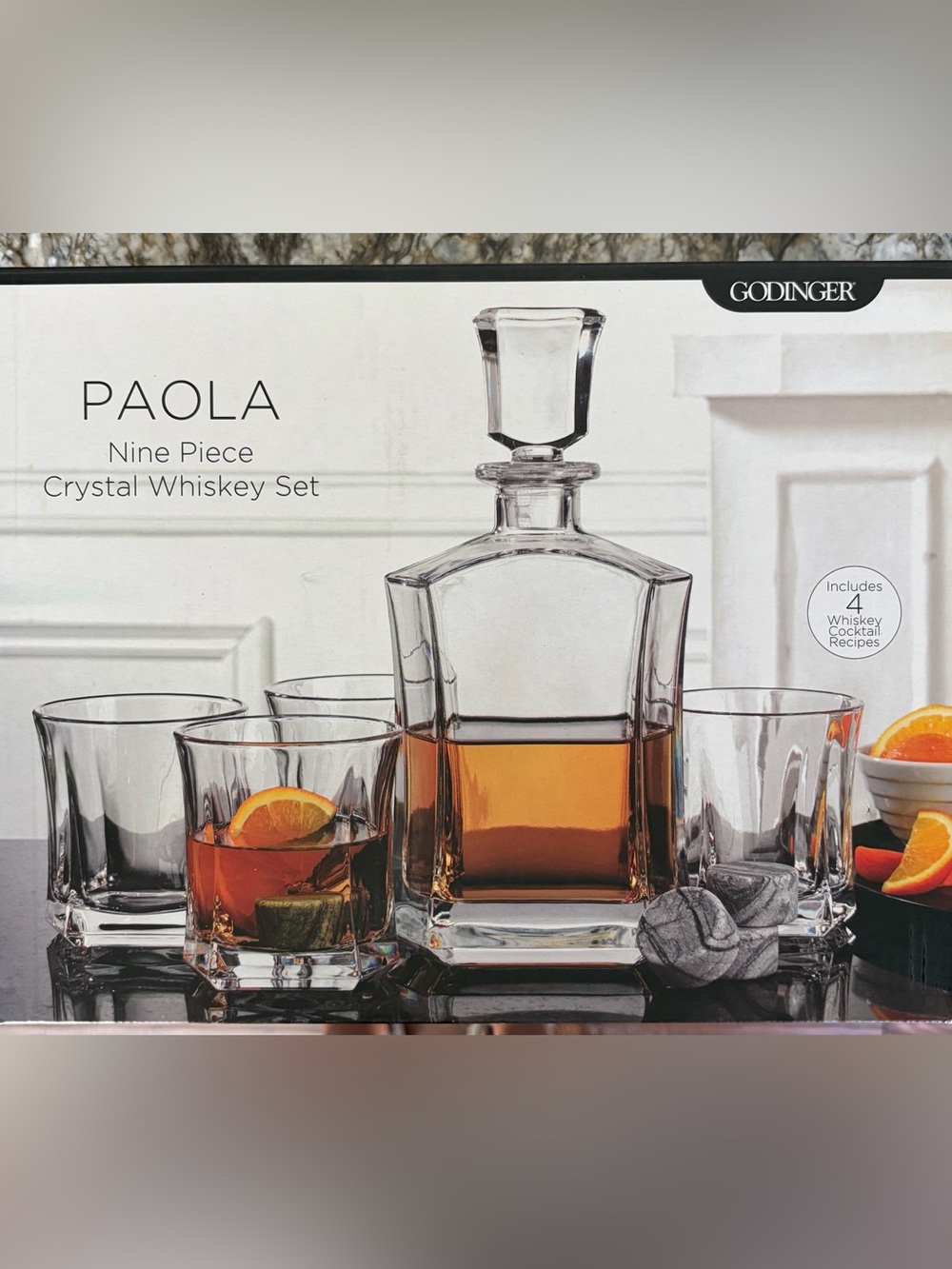 Godinger Clear Glass Whiskey Decanter and Rocks Glasses Set with Amber Pour